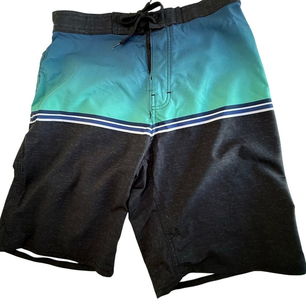 SKU2523 Burnside Men's Size 30 Gray Aqua Striped Board Shorts with Surf Wax Comb
